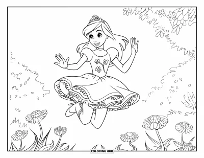 Dibujo de princesas para colorear para niños: Una princesa con corona salta de alegría en un jardín lleno de flores