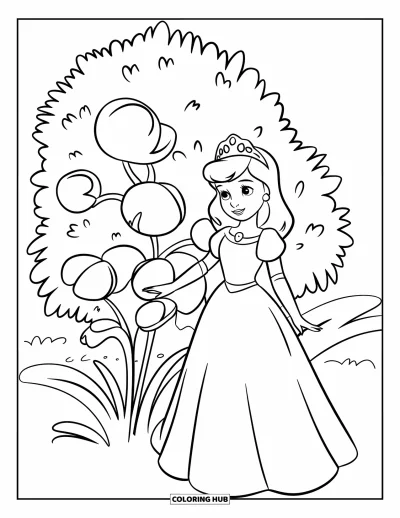 Dibujo de princesas para colorear para niños: Una princesa con corona está junto a un arbusto de flores grandes y redondas