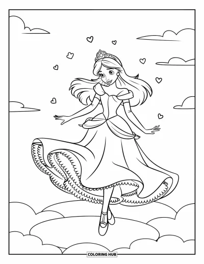 Dibujo de princesas para colorear para niños: Una princesa con corona gira sobre una nube rodeada de corazones flotantes