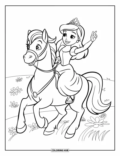 Dibujo de princesas para colorear para niños: Una princesa con corona saluda feliz mientras monta un poni blanco
