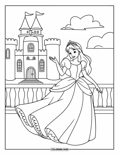 Dibujo de princesas para colorear para niños: Una princesa con corona saluda con un vestido esponjado junto a un castillo con torres