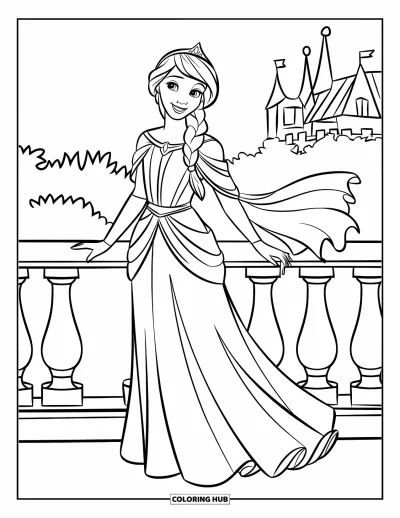 Dibujo de princesas para colorear para niños: Una princesa con trenza larga está de pie en un balcón con un vestido fluido