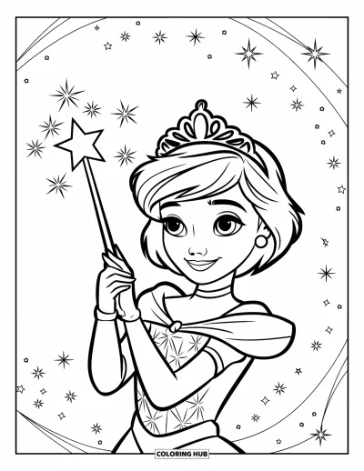 Dibujo de princesas para colorear para niños: Una princesa con vestido estampado sostiene una varita mágica bajo un cielo estrellado