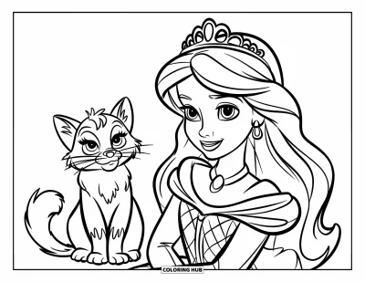 Dibujo de princesas para colorear para niños: Una princesa con su gata mascota se sienta con elegancia en un trono