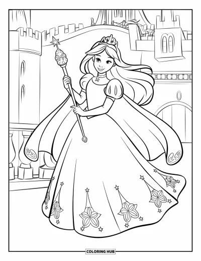 Dibujo de princesas para colorear para niños: Una princesa con cetro y capa está de pie sobre una nube bajo un cielo estrellado