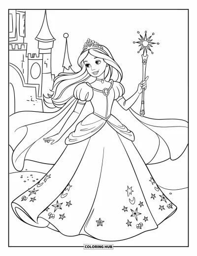 Dibujo de princesas para colorear para niños: Una princesa con corona estrellada sostiene un cetro junto a un castillo