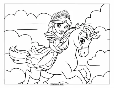 Dibujo de princesas para colorear para niños: Una princesa con tiara monta un unicornio entre nubes suaves