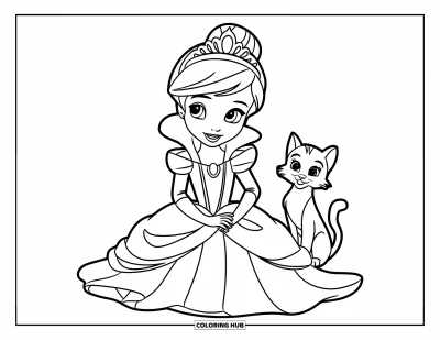 Dibujo de princesas para colorear para niños: Una princesa con tiara se sienta feliz con su gato esponjoso a su lado