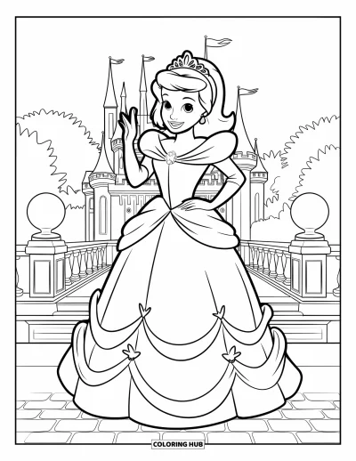 Dibujo de princesas para colorear para niños: Una princesa con tiara saluda alegremente junto a un castillo con torres