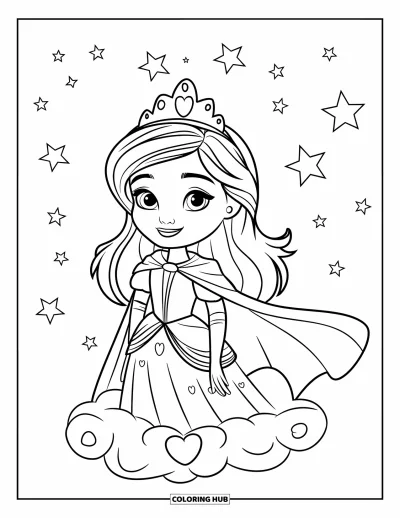 Dibujo de princesas para colorear para niños: Una princesa con una coronita está de pie sobre una nube rodeada de estrellas y corazones