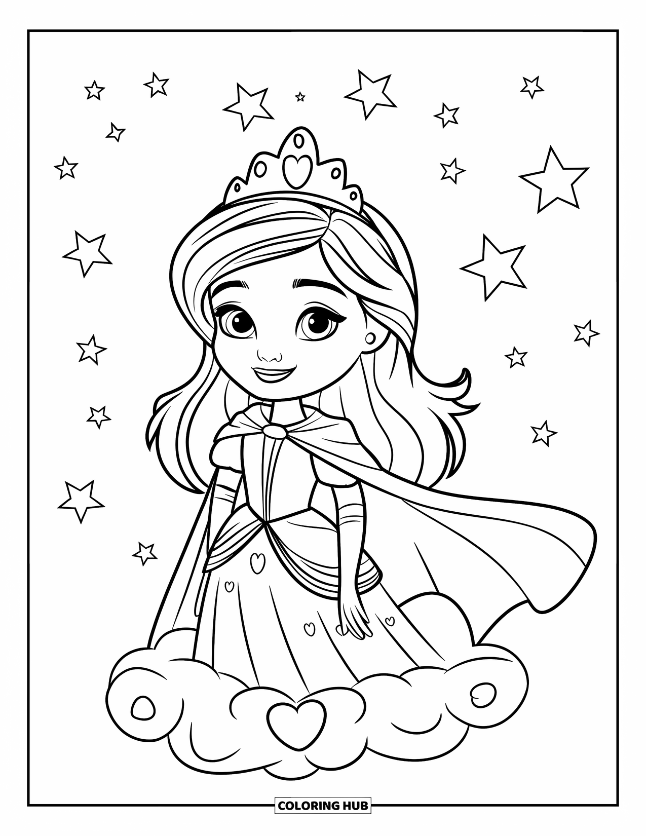 Princess Coloring Page for Kids: A princess with a tiny crown stands on a cloud surrounded by stars and hearts