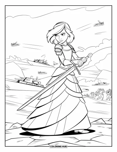 Dibujo de princesas para colorear para niños: Una princesa con detalles de armadura y espada está de pie en un campo de batalla rocoso