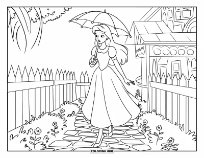 Dibujo de princesas para colorear para niños: Una princesa rubia camina con un paraguas blanco junto a un sendero florido