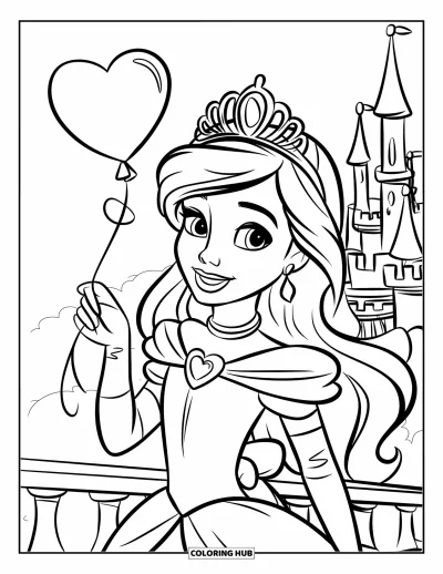Dibujo de princesas para colorear para niños: Una princesa de cabello rizado sostiene un globo con forma de corazón bajo un cielo estrellado