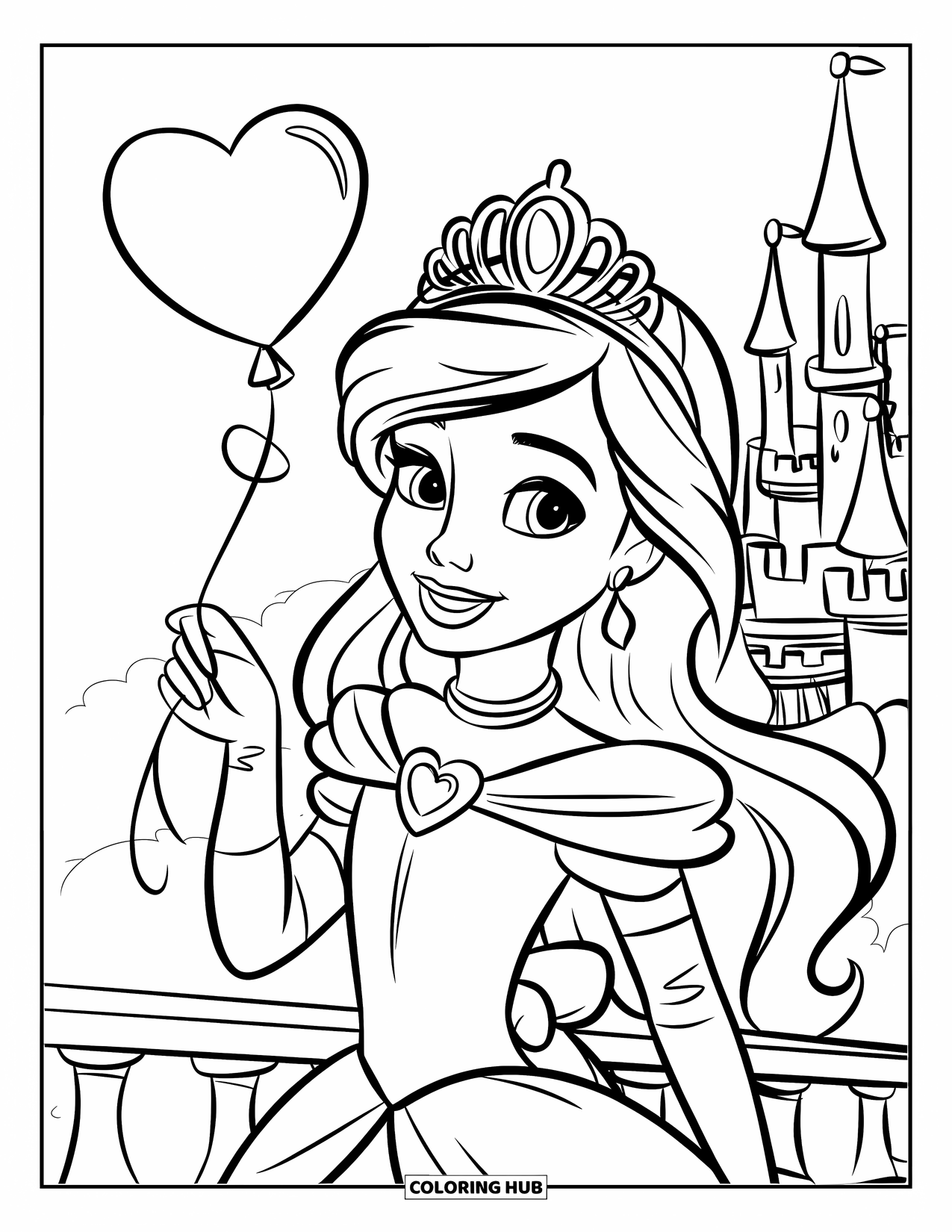 Princess Coloring Page for Kids: A princess with curly hair holds a heart balloon under a starry sky