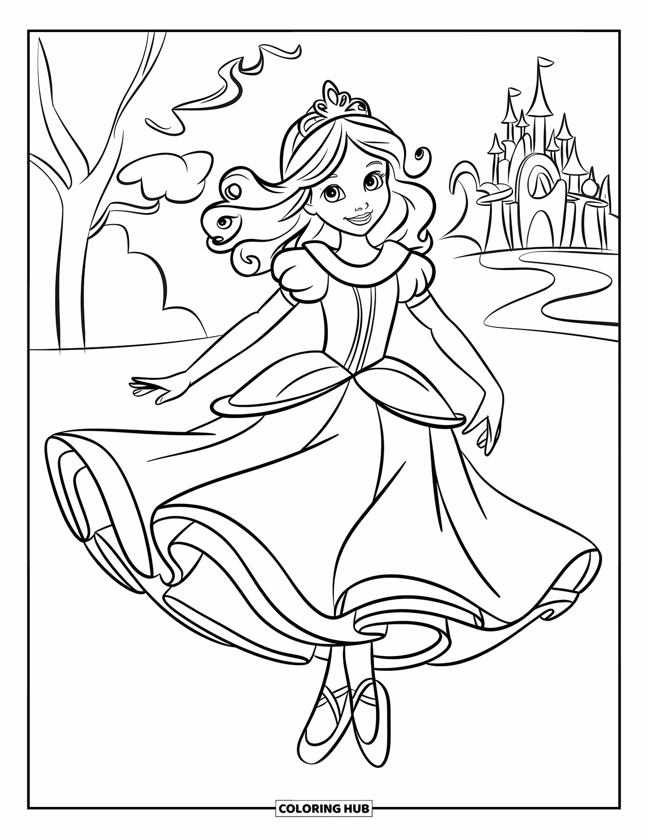 Princess Coloring Page for Kids: A princess with curly hair twirls on a cloud near a castle