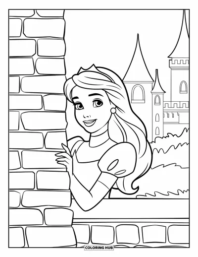 Dibujo de princesas para colorear para niños: Una princesa de cabello oscuro se asoma tímidamente detrás de un muro de piedra