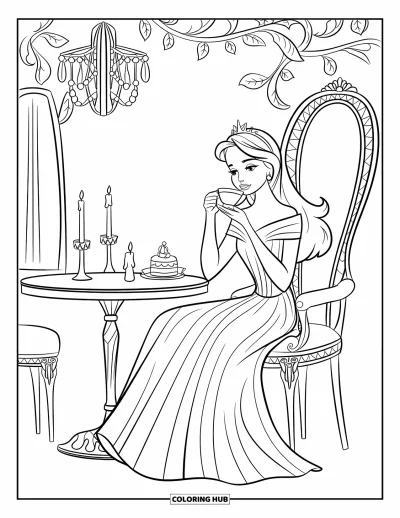 Dibujo de princesas para colorear para niños: Una princesa de cabello oscuro bebe té en una elegante cafetería de ciudad