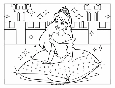 Dibujo de princesas para colorear para niños: Una princesa de cabello oscuro se sienta sobre un cojín brillante bajo un cielo estrellado