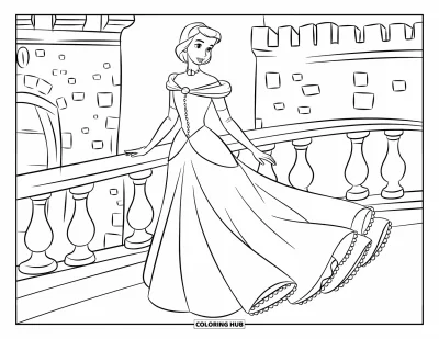 Dibujo de princesas para colorear para niños: Una princesa con guantes largos está de pie con elegancia en un puente del castillo