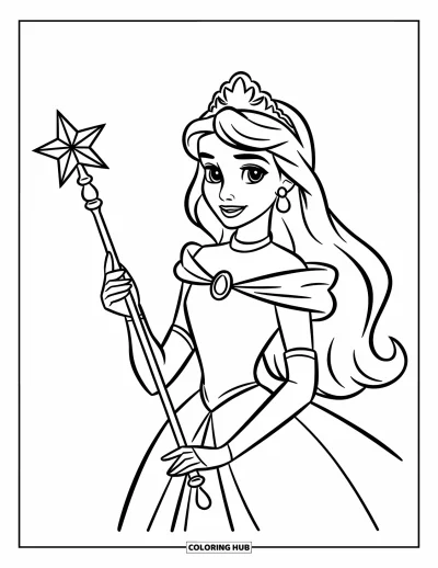 Dibujo de princesas para colorear para niños: Una princesa de cabello largo y corona sostiene un cetro estrellado