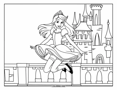 Dibujo de princesas para colorear para niños: Una princesa de cabello largo y corona salta alegremente junto a un castillo blanco