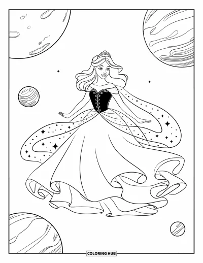 Dibujo de princesas para colorear para niños: Una princesa de cabello largo flota entre planetas con un vestido estrellado