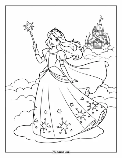 Dibujo de princesas para colorear para niños: Una princesa de cabello largo sostiene un cetro mágico mientras está de pie sobre una nube