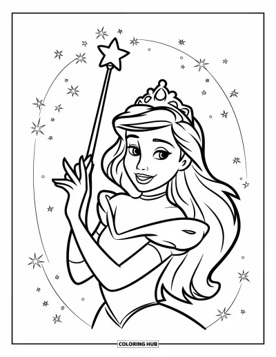 Dibujo de princesas para colorear para niños: Una princesa de cabello largo sostiene una varita con punta de estrella, rodeada de estrellas brillantes