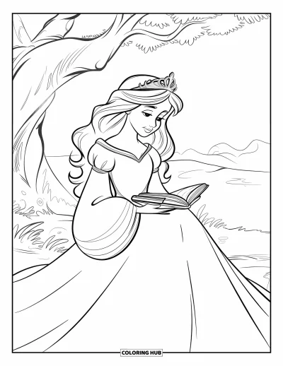 Dibujo de princesas para colorear para niños: Una princesa de cabello largo lee bajo un árbol con un vestido de estampado de constelaciones