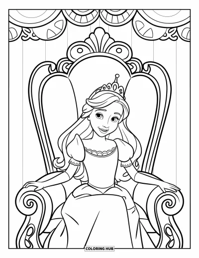 Dibujo de princesas para colorear para niños: Una princesa de cabello largo se sienta en un trono ornamentado con corona y sonrisa