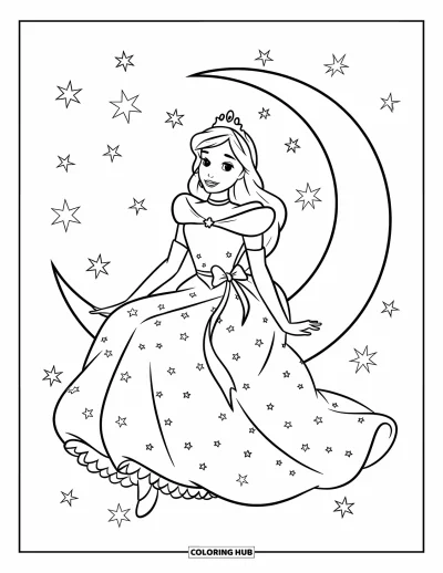Dibujo de princesas para colorear para niños: Una princesa de cabello largo se sienta en paz sobre una luna creciente