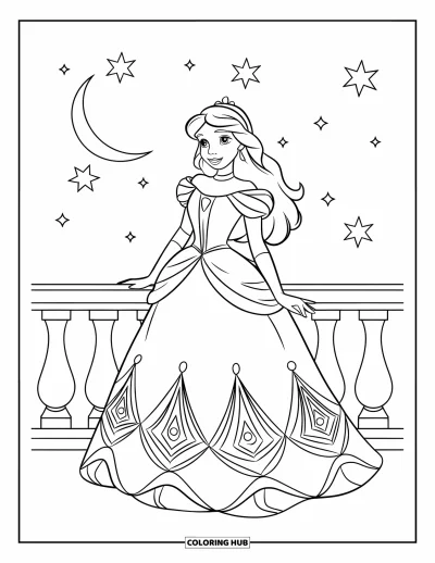 Dibujo de princesas para colorear para niños: Una princesa de cabello largo está de pie en un balcón bajo un cielo iluminado por la luna