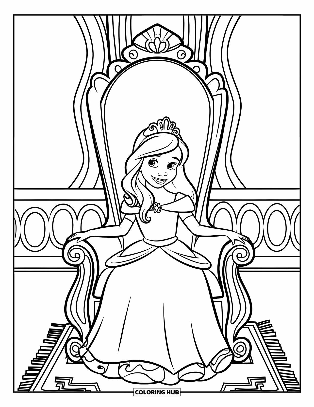 Princess Coloring Page for Kids: A princess with wavy hair sits on a throne with gold accents and a pink sash
