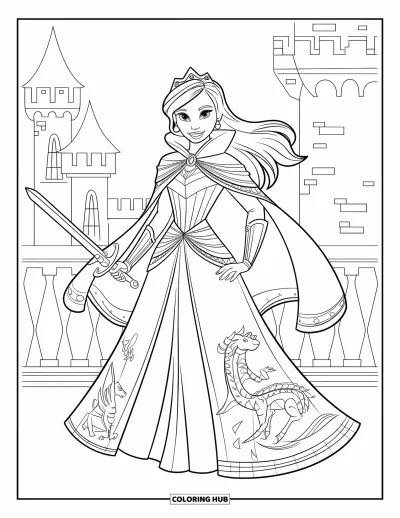 Dibujo de princesas para colorear para niños: Una princesa majestuosa con espada está de pie con seguridad cerca de un castillo