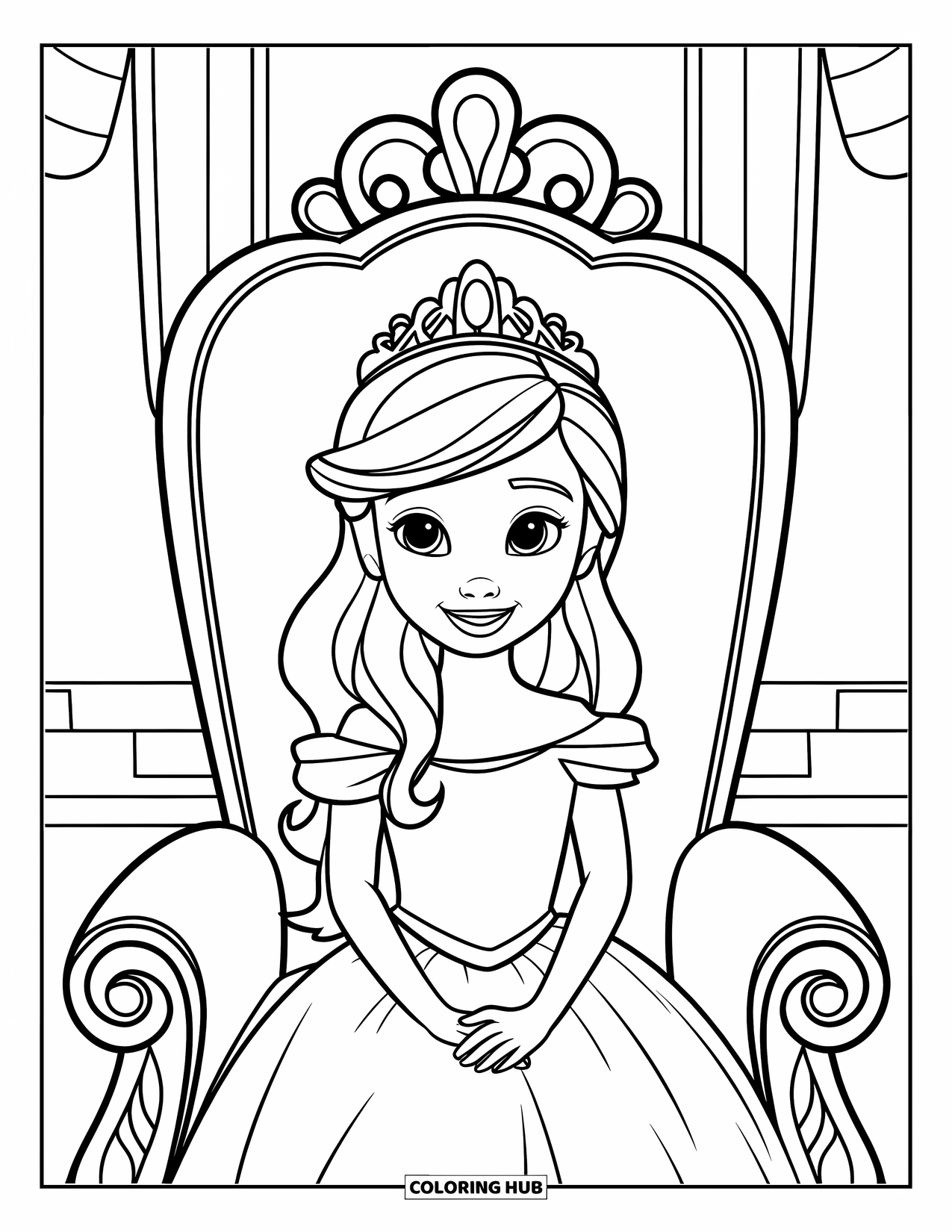 Princess Coloring Page for Kids: A smiling princess sits gracefully on an ornate throne wearing a crown