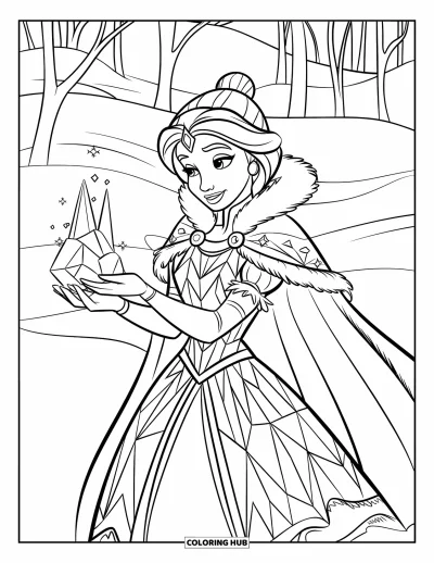 Dibujo de princesas para colorear para niños: Una princesa de nieve, con vestido ribeteado de piel, crea esculturas de hielo en un paisaje nevado