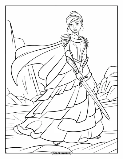 Dibujo de princesas para colorear para niños: Una princesa guerrera con armadura sujeta una espada en un campo de batalla rocoso