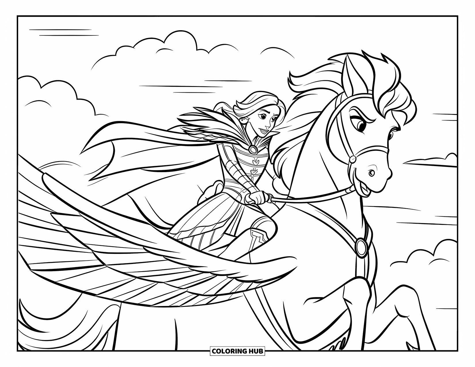 Princess Coloring Page for Kids: A warrior princess rides a Pegasus through the clouds with wings spread wide