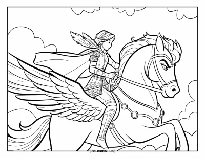Dibujo de princesas para colorear para niños: Una princesa guerrera surca las nubes sobre un Pegaso con las alas extendidas
