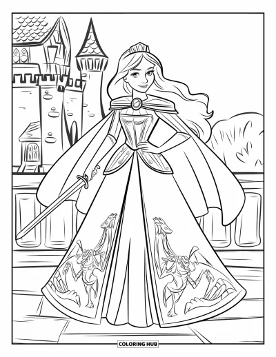 Dibujo de princesas para colorear para niños: Una princesa guerrera con capa y espada está de pie junto a un gran castillo