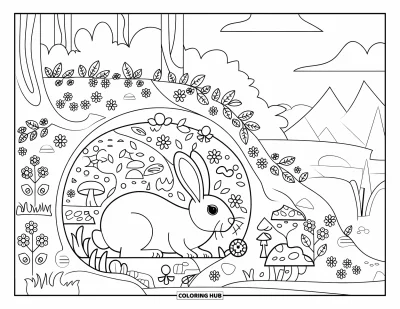Kaninchen-Ausmalbild für Erwachsene: Ein Häschen ruht in einem naturreichen Bau mit Blumen, Steinen und fernen Bergen