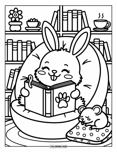 Kaninchen-Ausmalbild für Erwachsene: Ein Häschen kuschelt sich mit einem Buch in einen Sessel, daneben döst ein Mäuschen