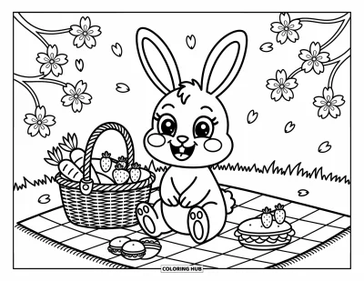 Kaninchen-Ausmalbild für Erwachsene: Ein fröhliches Häschen mit großen Augen entspannt bei einem Picknick mit Obst und Blumen