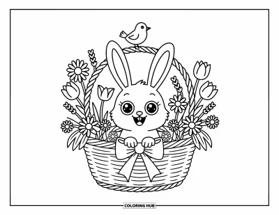 Kaninchen-Ausmalbild für Erwachsene: Ein fröhliches Häschen mit großen Augen sitzt in einem Korb voller Gänseblümchen und Tulpen