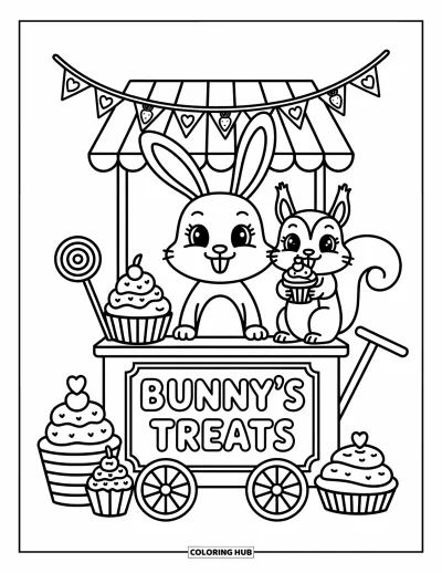 Kaninchen-Ausmalbild für Erwachsene: Ein fröhliches Kaninchen verkauft Süßigkeiten aus einem Wagen, während ein Eichhörnchen einen Cupcake hält