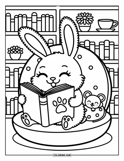 Kaninchen-Ausmalbild für Erwachsene: Ein behagliches Häschen liest ein Buch in einem flauschigen Sessel, daneben ein schläfriges Mäuschen