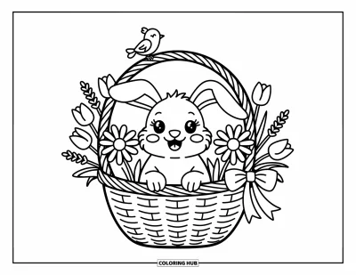 Kaninchen-Ausmalbild für Erwachsene: Ein Häschen mit Schlappohren sitzt mit Schleife und zwitscherndem Vogel in einem Blumenkorb