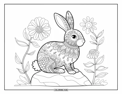 Kaninchen-Ausmalbild für Erwachsene: Ein blumengeschmücktes Kaninchen sitzt auf einem Felsen, umgeben von blühenden Blumen