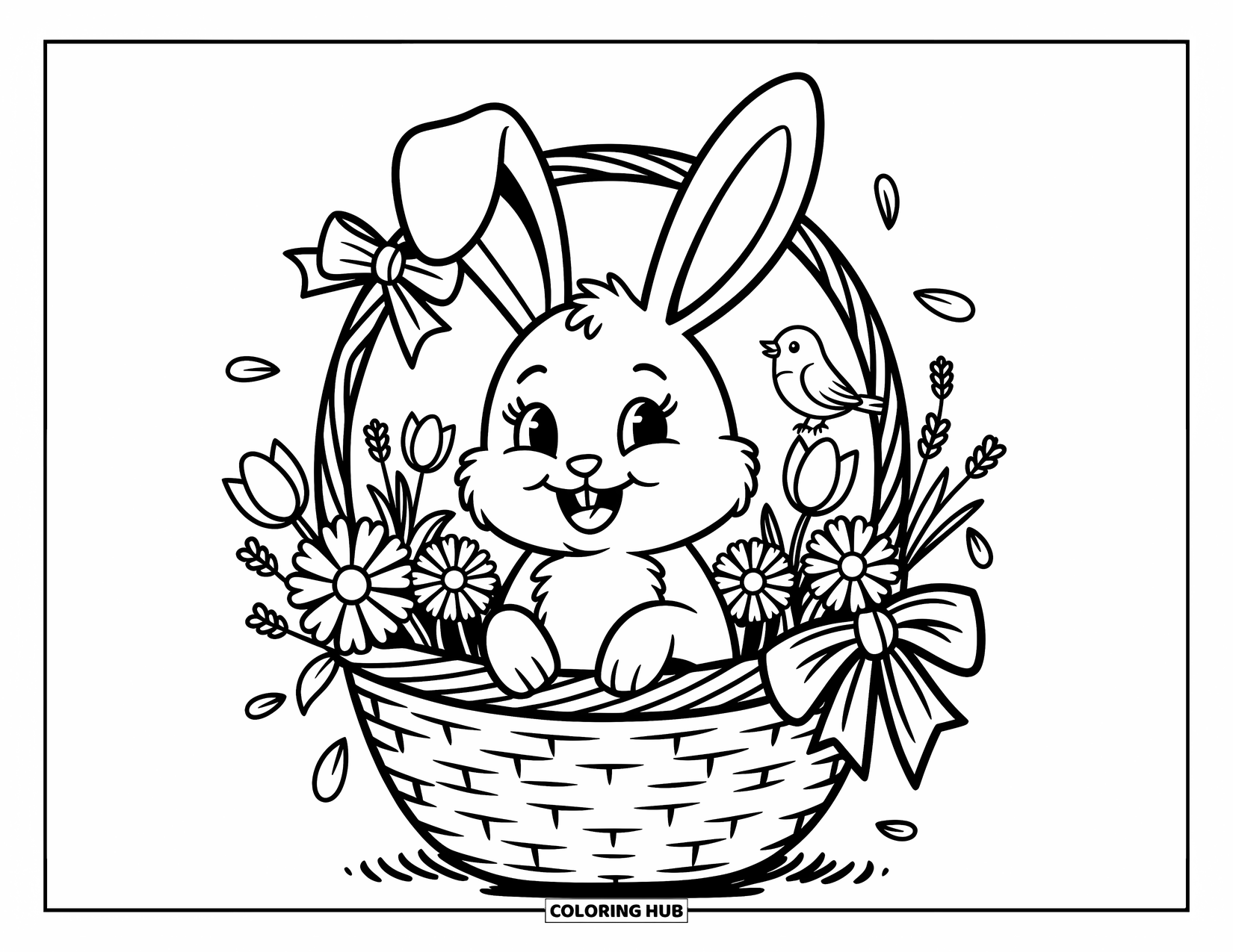 Disegno di coniglio da colorare per adulti: Un coniglio felice siede in un cesto pieno di fiori con un uccello sul manico